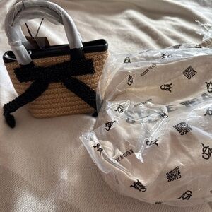 Steve Madden brown black multi straw top bag with black bow